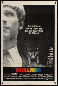 2p977 WILLARD 1sh '71 creepy close up of Bruce Davison with pet rat on shoulder!