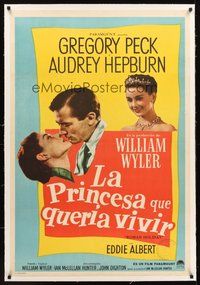 2s004 ROMAN HOLIDAY linen Argentinean '53 beautiful Audrey Hepburn & Gregory Peck about to kiss!