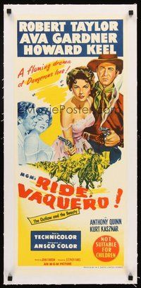 2s195 RIDE, VAQUERO linen Aust daybill '53 stone litho of outlaw Robert Taylor & beauty Ava Gardner!