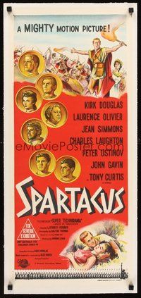 2s199 SPARTACUS linen Aust daybill '61 Stanley Kubrick, Kirk Douglas, art of top stars on coins!