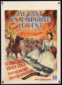 2s091 GONE WITH THE WIND linen Belgian '49 different art of Vivien Leigh fleeing burning Atlanta!