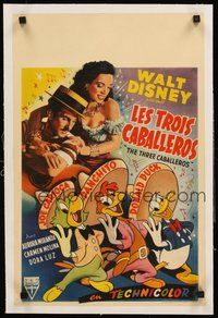 2s101 THREE CABALLEROS linen Belgian 1950 different image of Donald Duck, Panchito & Joe Carioca!