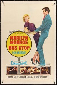 2s325 BUS STOP linen 1sh '56 great art of cowboy Don Murray holding sexy Marilyn Monroe!