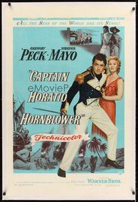 2s328 CAPTAIN HORATIO HORNBLOWER linen 1sh '51 Gregory Peck with sword & pretty Virginia Mayo!