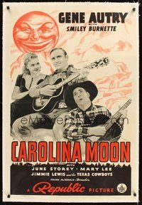 2s330 CAROLINA MOON linen 1sh '40 Gene Autry with guitar, Smiley Burnette & June Storey!