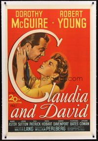2s337 CLAUDIA & DAVID linen 1sh '48 romantic close up artwork of Dorothy McGuire & Robert Young!