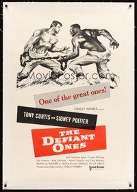 2s350 DEFIANT ONES linen 1sh R60s art of escaped cons Tony Curtis & Sidney Poitier chained together!
