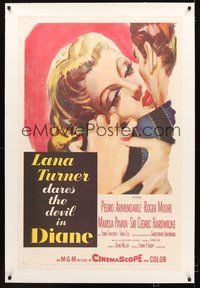 2s353 DIANE linen 1sh '56 sexy Lana Turner dares the devil, great close up romantic artwork!