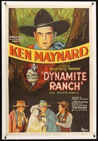 2s366 DYNAMITE RANCH linen 1sh '32 cool stone litho of cowboy Ken Maynard pointing gun!
