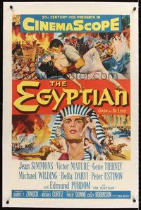2s368 EGYPTIAN linen 1sh '54 artwork of Jean Simmons, Victor Mature & Gene Tierney in ancient Egypt!