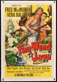 2s370 FAIR WIND TO JAVA linen 1sh '53 art of Fred MacMurray & sexy Vera Ralston in the South Seas!
