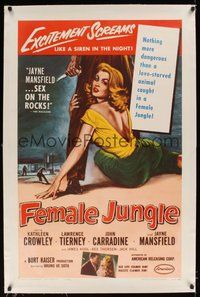 2s371 FEMALE JUNGLE linen 1sh '56 artwork of sexy love-starved animal Kathleen Crowley!