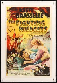2s374 FIGHTING WILDCATS linen 1sh '57 art of Keefe Brasselle romancing Callard + oil field on fire!
