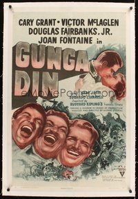 2s404 GUNGA DIN linen 1sh R47 headshots of Cary Grant, Douglas Fairbanks Jr. & Victor McLaglen!