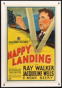 2s408 HAPPY LANDING linen 1sh '34 cool stone litho of pilot Ray Walker in airplane!