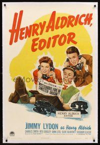 2s412 HENRY ALDRICH, EDITOR linen 1sh '42 great artwork of newspaper chief Jimmy Lydon!