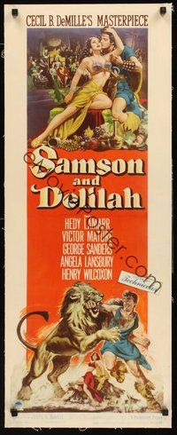 2s269 SAMSON & DELILAH linen insert '49 Victor Mature fighting lion & tempted by sexy Hedy Lamarr!