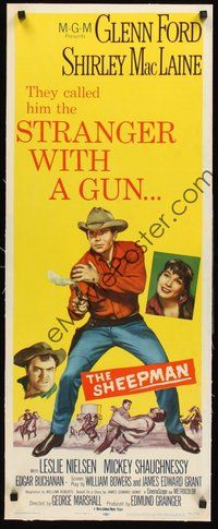2s270 SHEEPMAN linen insert '58 cool art of Glenn Ford pointing smoking gun, Shirley MacLaine