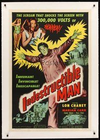 2s428 INDESTRUCTIBLE MAN linen 1sh '56 Lon Chaney Jr. as inhuman, invincible, inescapable monster!