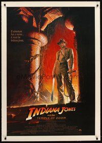 2s429 INDIANA JONES & THE TEMPLE OF DOOM linen 1sh '84 cool art of Harrison Ford by Bruce Wolfe!