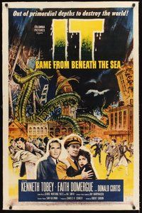 2s430 IT CAME FROM BENEATH THE SEA linen 1sh '55 Ray Harryhausen, a tidal wave of terror, cool art!