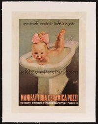 2s243 MANIFATTURA CERAMICA POZZI linen Italian 9x13 poster '51 Gino Boccasile art of baby in sink!