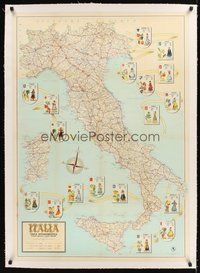 2s234 ITALIA CARTA AUTOMOBILISTICA linen Italian 28x39 poster '60s cool road map showing information about major cities!
