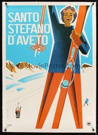 2s210 SANTO STEFANO D'AVETO linen Italian travel poster '50s cool female skiing art by Mario Puppo!