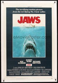2s433 JAWS linen 1sh '75 art of Steven Spielberg's classic man-eating shark attacking sexy swimmer!