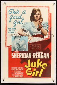2s434 JUKE GIRL linen 1sh '42 sexy Ann Sheridan is a good girl for Ronald Reagan to leave alone!