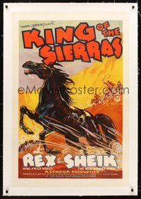 2s438 KING OF THE SIERRAS linen 1sh '38 art of Rex, King of the Horses, chased by cowboys!