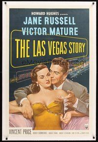 2s442 LAS VEGAS STORY linen 1sh '52 Victor Mature romances sexy Jane Russell & gives her jewelry!