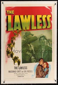 2s445 LAWLESS linen 1sh '50 Macdonald Carey, Gail Russell, image of Mexican boy held up by his hair!