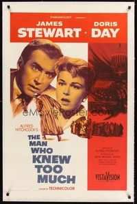 2s461 MAN WHO KNEW TOO MUCH linen 1sh '56 directed by Alfred Hitchcock, James Stewart & Doris Day!