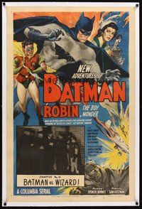 2s477 NEW ADVENTURES OF BATMAN & ROBIN linen chapter 14 1sh '49 both stars in inset in costume!