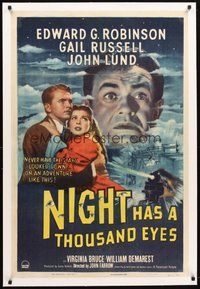 2s482 NIGHT HAS A THOUSAND EYES linen 1sh '48 Edward G. Robinson is a clairvoyant posing as fake!