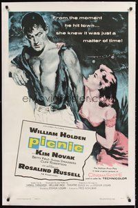 2s498 PICNIC int'l linen 1sh '56 great art of barechested William Holden & sexy long-haired Kim Novak!