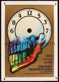2s108 HUNGER linen Polish 27x38 '84 bizarre Wieslaw Walkuski artwork of skull & clock!