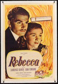 2s509 REBECCA linen 1sh R44 Alfred Hitchcock, close up of Laurence Olivier & Joan Fontaine!