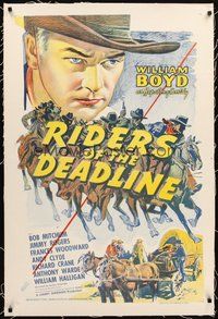 2s512 RIDERS OF THE DEADLINE linen 1sh R40s cool art of Hopalong Cassidy + Bob Mitchum credited!