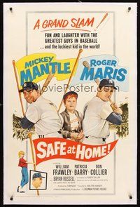 2s522 SAFE AT HOME linen 1sh '62 Mickey Mantle, Roger Maris, New York Yankees baseball, grand slam!