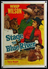 2s544 STAGE TO BLUE RIVER linen 1sh '51 great image of cowboy Whip Wilson with Phyllis Coates!
