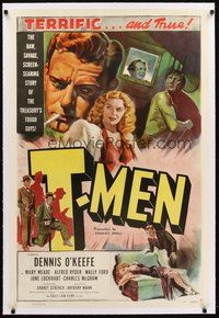 2s556 T-MEN linen 1sh '48 Anthony Mann film noir, cool art of sexy bad girl & man with gun!