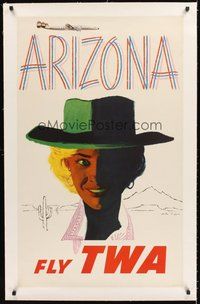 2s208 ARIZONA FLY TWA linen travel poster '50s cool cowgirl artwork & airplane by Austin Briggs!
