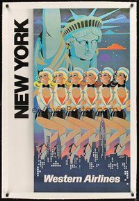 2s206 WESTERN AIRLINES NEW YORK linen travel poster '70s art of The Rockettes by Dick Ellescas!