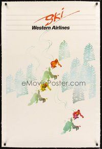 2s207 SKI WESTERN AIRLINES linen travel poster '80s colorful art of skiers on mountain slope!