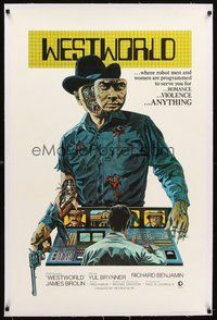 2s592 WESTWORLD linen int'l 1sh '73 Michael Crichton, cool art of cyborg Yul Brynner by Neal Adams!