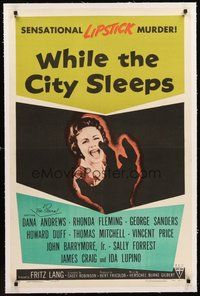 2s593 WHILE THE CITY SLEEPS linen 1sh '56 great image of Lipstick Killer's victim, Fritz Lang noir!