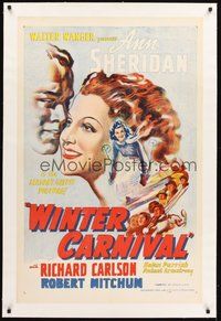 2s596 WINTER CARNIVAL linen 1sh R48 Ann Sheridan, Robert Mitchum top billed, great snow sports art!