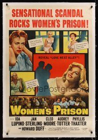 2s598 WOMEN'S PRISON linen 1sh '54 Ida Lupino & super sexy convict Cleo Moore, sensational scandal!